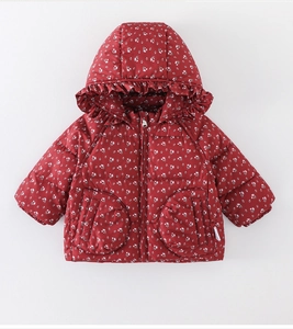 Front view of baby winter down jacket featuring white floral print and ruffle hood detail