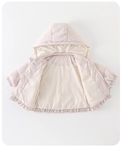 Detail view of baby floral down jacket featuring sweet ruffle hem and hooded design