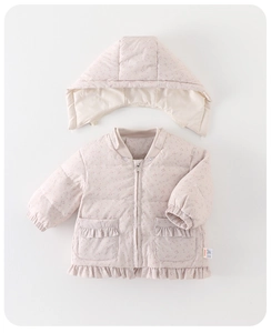 Detailed view of baby girl down jacket with ruffles and detachable hood in soft pink