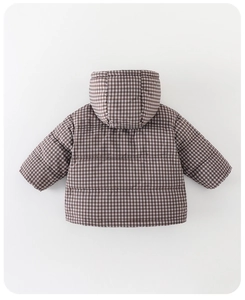 Detailed back view of a thick padded toddler winter puffer jacket with brown checkered pattern