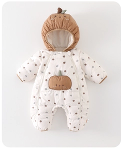 Detailed view of baby winter romper with pumpkin hood and double zipper for easy dressing