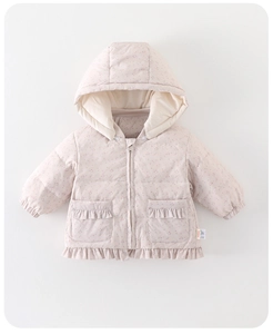 Detail view of pink floral baby winter coat with hood and ruffled pockets