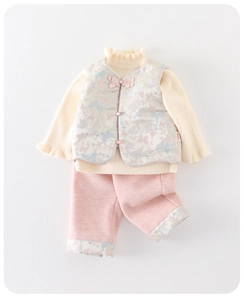 Detailed view of the Chinese style baby floral vest with traditional frog buttons
