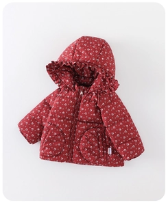 Close-up of red floral baby down jacket with ruffled hood and warm white duck down lining