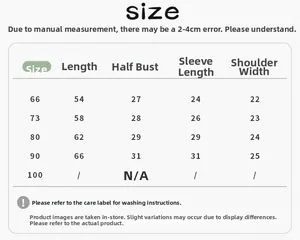 Detailed size chart for newborn winter romper showing length, bust, and sleeve measurements