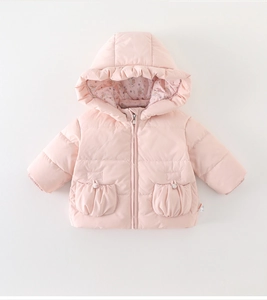 Detail view of pink baby down jacket featuring floral lining and ruffle trim hood