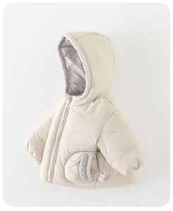 Close-up of baby winter down jacket featuring floral lining and windproof fabric