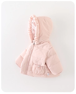 Close-up of pink toddler down jacket with floral hood lining and ruffle details