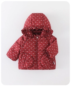 Detail of red floral baby puffer jacket with ruffled hood and curved pockets