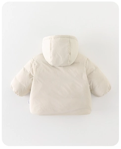 Detail view of baby winter down jacket back with quilted design and warm hood