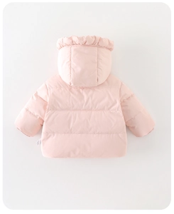 Detailed back view of a pink baby winter down jacket featuring horizontal quilting and ruffled hood