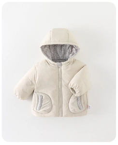 Detail view of baby winter down jacket with floral lining and ribbed windproof cuffs