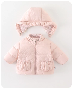 Detailed view of pink baby puffer jacket with floral lining and detachable hood
