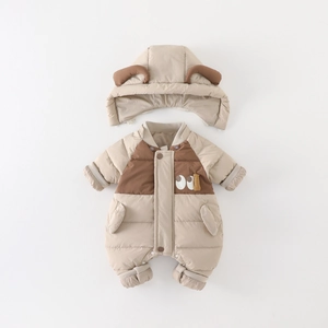 Thick winter baby boy puffer jumpsuit set with cute animal ears hood in khaki and brown