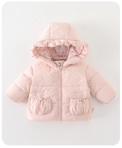 Pink hooded baby down coat with floral lining and ruffled pockets on white background