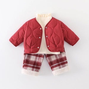 Baby Girls Winter Quilted Jacket Plaid Pants White Knit Sweater Festive New Year Thickened Warm Clothing Outfit