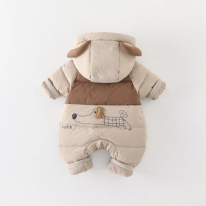 Infant winter romper with hood ears and cute dog print in beige and brown colors