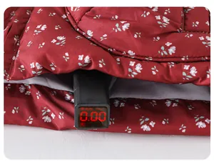 Close-up of a red floral baby puffer jacket showing zero fluorescent agent test result