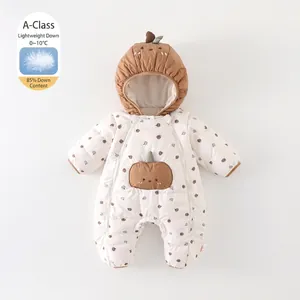 Baby Winter Down Romper Pumpkin Themed Hooded Quilted Jumpsuit Infant Thick Warm Snowsuit Double Zipper Padded Outwear For Boys