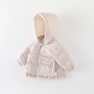 Toddler girls winter puffer jacket with hood and floral print in light beige with ruffles