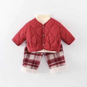 Toddler girl festive red winter outfit set with quilted jacket and fleece pants