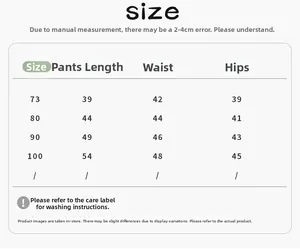 Size chart for winter baby girls thick fleece pants showing lengths and waist measurements