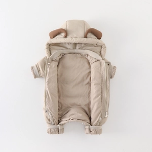 Baby boy winter hooded romper in khaki color with cute horns and dual zipper closure
