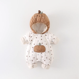 Winter infant hooded pumpkin romper with warm fleece lining and dual front zippers