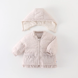 Pink floral lightweight down jacket for baby girls with ruffle hem and detachable hood