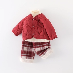 Three-piece baby girl winter set with red quilted jacket, sweater and plaid fleece pants