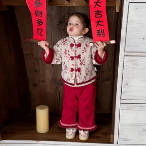 Traditional Chinese New Year outfit for baby girls with floral jacket and red plush pants