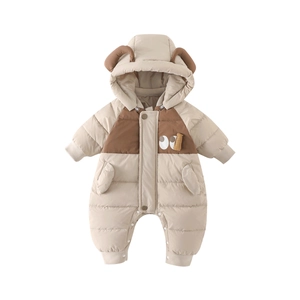 Toddler boys winter puffer jumpsuit with hood and cute cartoon eyes design in beige