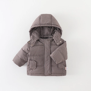 Thick winter down hooded jacket for toddlers in a brown and white gingham check pattern
