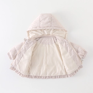 Lightweight pink floral hooded down jacket for baby girls with ruffle hem design