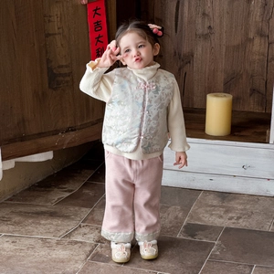 Toddler girl winter Chinese style New Year set with floral vest and pink velvet pants