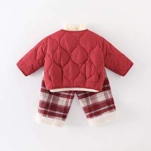 Winter quilted red thermal set for baby girls with windproof jacket and checkered pants