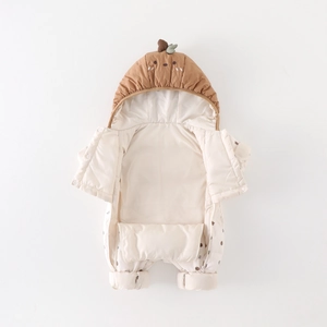 Thick baby winter hooded romper in cream with cute chestnut cartoon leaf design