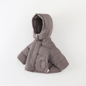 Thickened winter puffer jacket for toddlers with brown gingham pattern and hooded design
