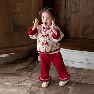 Traditional Chinese New Year warm winter outfit for toddler girls with floral pattern