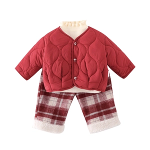 3-piece baby winter outfit with red quilted jacket, turtleneck sweater and plaid pants