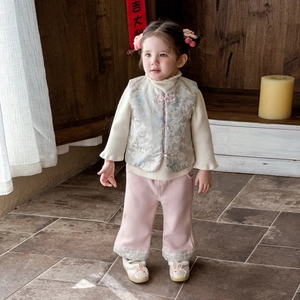Traditional Chinese New Year thickened vest and floral pants set for baby girls