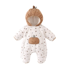 Thick winter baby romper with pumpkin embroidery and dual zippers on white background