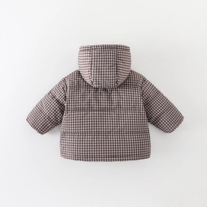 Back view of baby hooded puffer jacket with brown gingham pattern and horizontal quilting