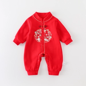 Chinesischer Stil Traditionell Bestickt Baby Strampler Rot Langarm Neugeborene Jumpsuit Winter Warm Festlich Bodysuit Für Jungen Mädchen