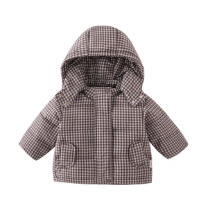 Infant winter thickened hooded down jacket with brown gingham pattern and warm padding