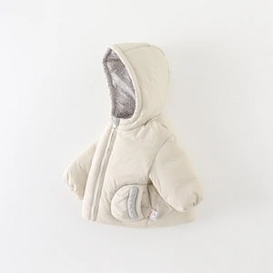 Winter beige hooded down jacket for toddlers with purple floral lining and zip closure