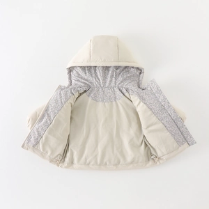 Infant winter down jacket in creamy white with floral lining and hooded zipper design
