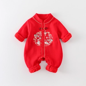 Traditioneller roter Baby-Strampler im chinesischen Stil mit Hasen-Stickerei