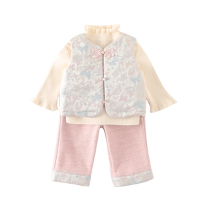 Winter 3-piece Chinese style warm set for girls with butterfly print vest and ruffles