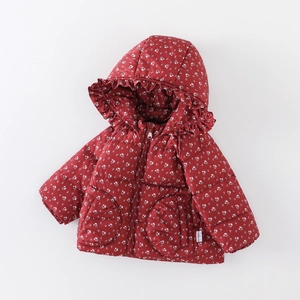Winter toddler girls floral hooded down jacket in deep red with warm fleece lining